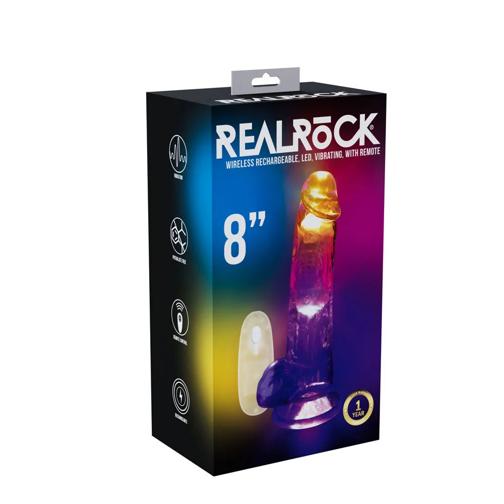 REALROCK 8'' with Balls Wireless Rechargeable LED Vibrating Dong - Clear with LED 22.5 cm USB Rechargeable Vibrating Dong with Remote - Take A Peek
