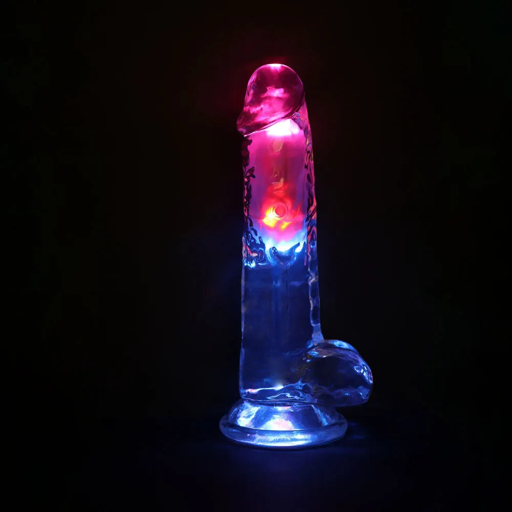 REALROCK 8'' with Balls Wireless Rechargeable LED Vibrating Dong - Clear with LED 22.5 cm USB Rechargeable Vibrating Dong with Remote - Take A Peek