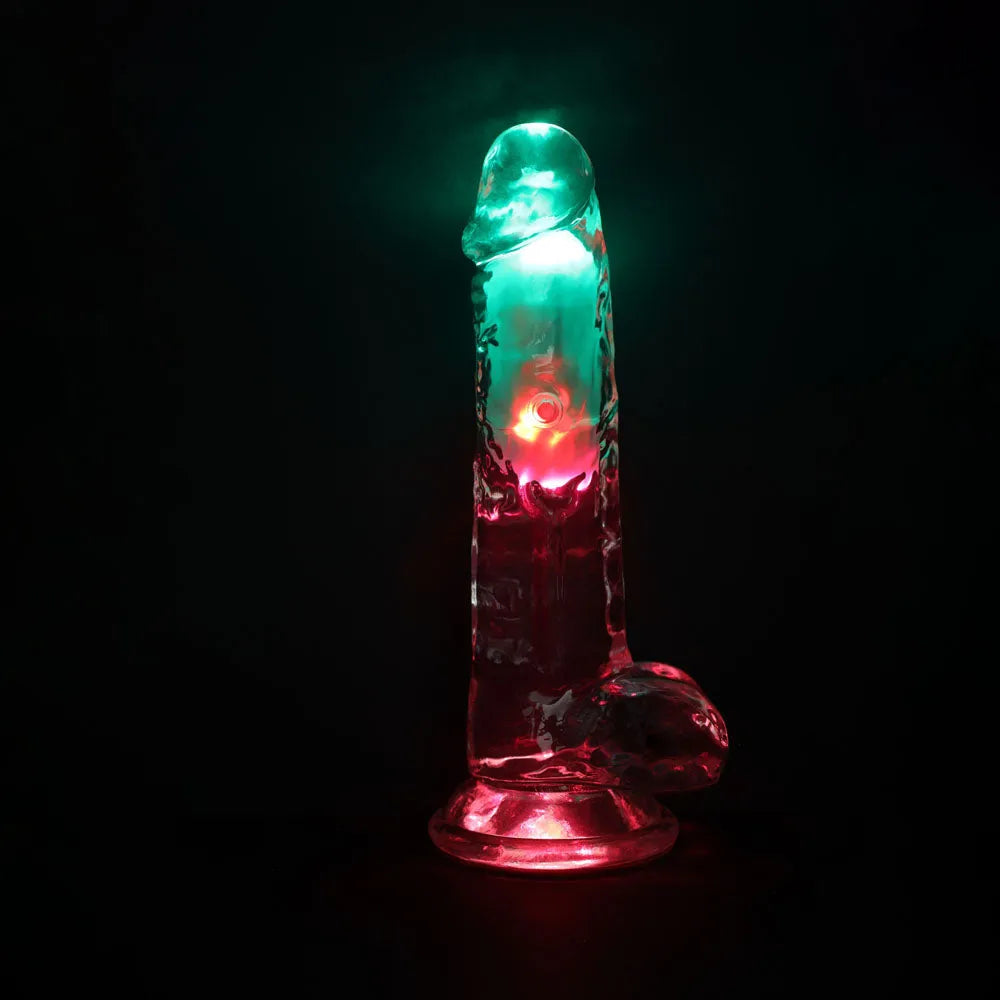 REALROCK 8'' with Balls Wireless Rechargeable LED Vibrating Dong - Clear with LED 22.5 cm USB Rechargeable Vibrating Dong with Remote - Take A Peek