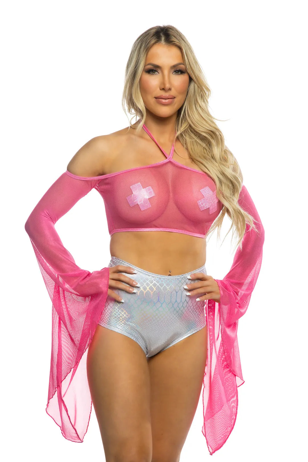 JR237 - Coated Fishnet Flair Sleeve Halter - Take A Peek