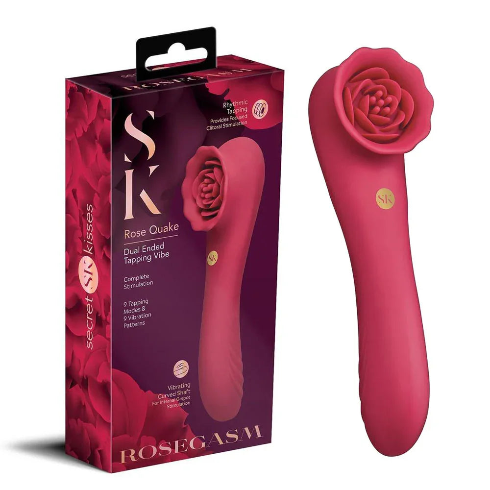 Secret Kisses ROSEGASM ROSE QUAKE - 18.8 cm USB Rechargeable Dual Ended Tapping Vibrator - Take A Peek
