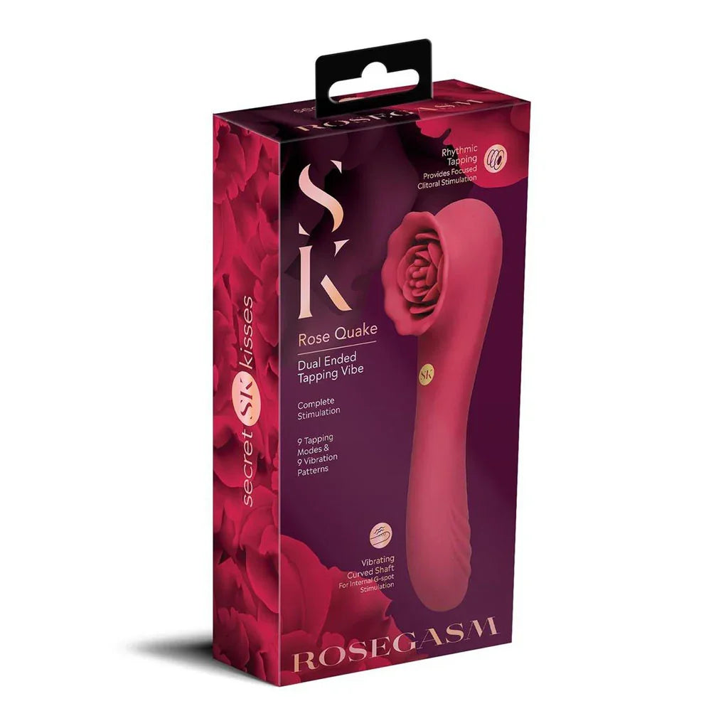 Secret Kisses ROSEGASM ROSE QUAKE - 18.8 cm USB Rechargeable Dual Ended Tapping Vibrator - Take A Peek