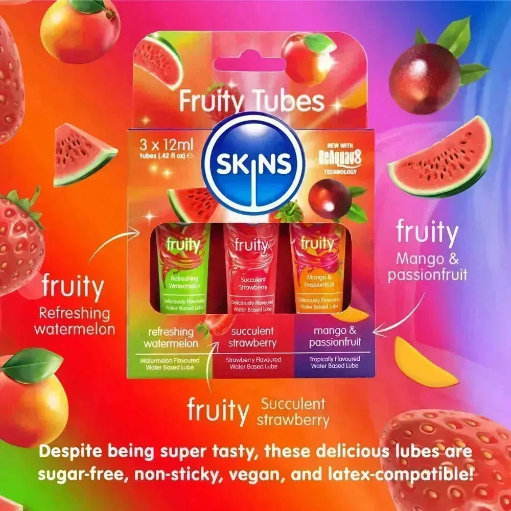 Skins Fruity Tubes - Watermelon, Strawberry, & Mango & Passionfruit Flavoured Lubricants - 12 ml Bottles - Take A Peek