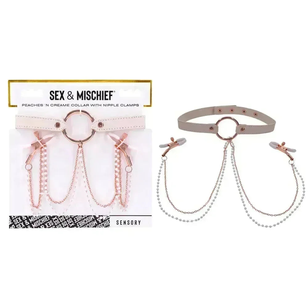 Sex & Mischief Peaches n CreaMe Collar with Nipple Clamps - Peach Nipple Restraints - Take A Peek