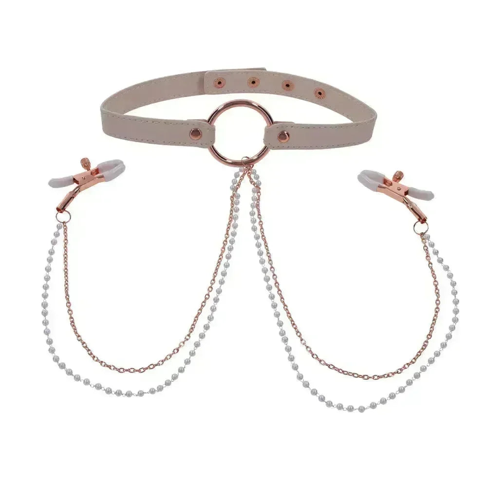 Sex & Mischief Peaches n CreaMe Collar with Nipple Clamps - Peach Nipple Restraints - Take A Peek