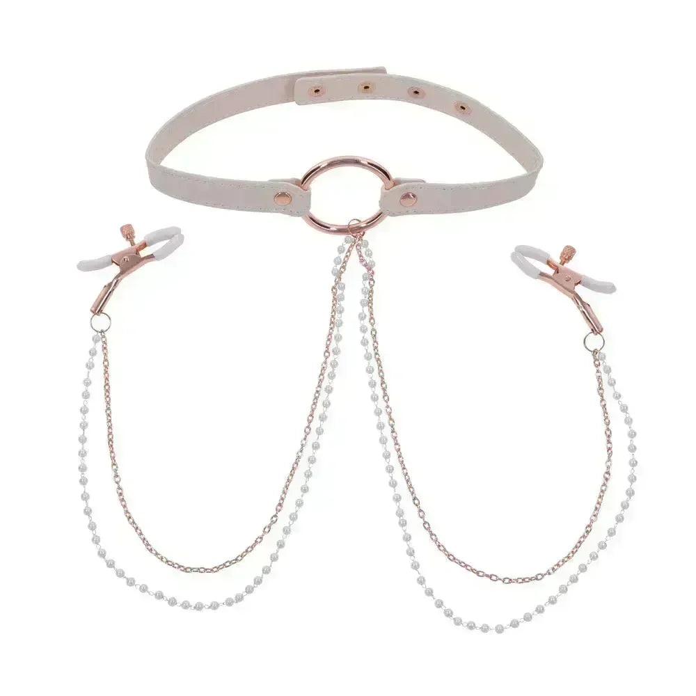 Sex & Mischief Peaches n CreaMe Collar with Nipple Clamps - Peach Nipple Restraints - Take A Peek