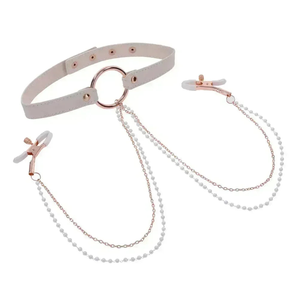 Sex & Mischief Peaches n CreaMe Collar with Nipple Clamps - Peach Nipple Restraints - Take A Peek