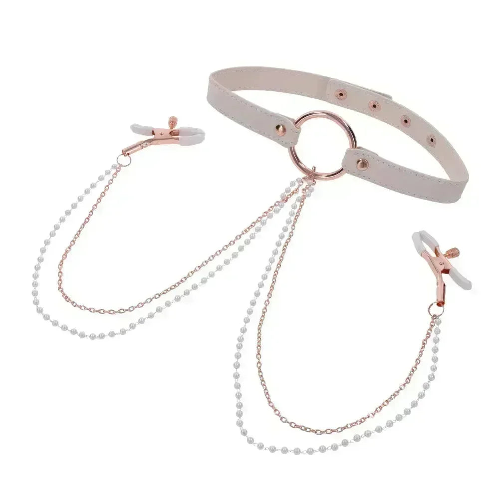 Sex & Mischief Peaches n CreaMe Collar with Nipple Clamps - Peach Nipple Restraints - Take A Peek