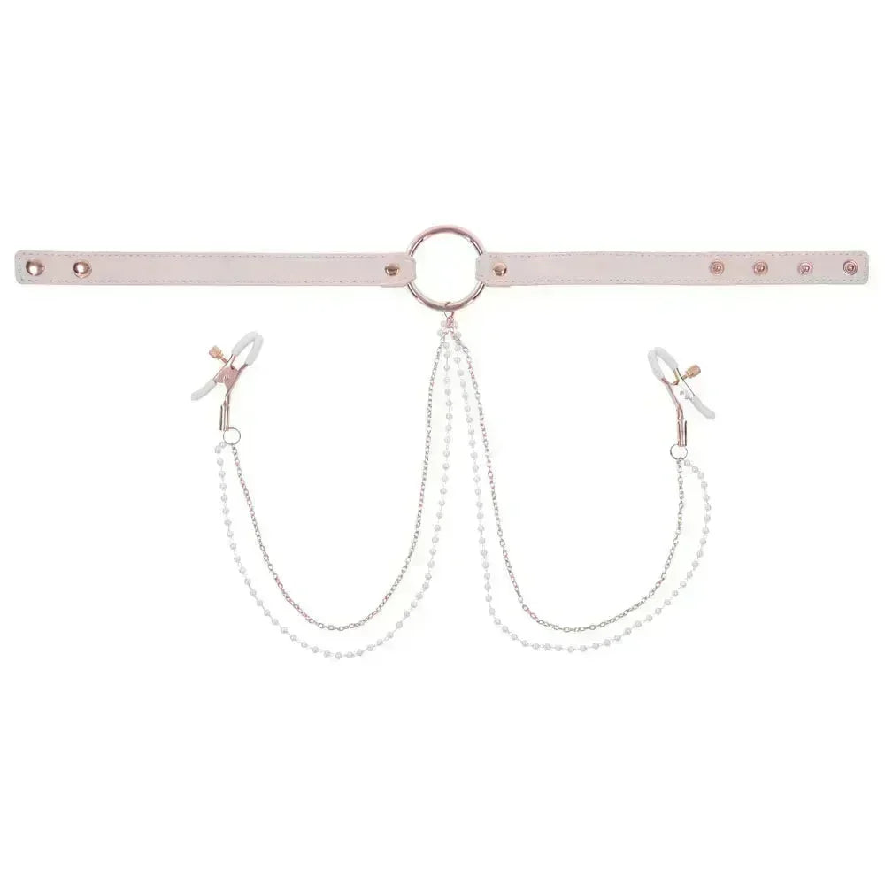 Sex & Mischief Peaches n CreaMe Collar with Nipple Clamps - Peach Nipple Restraints - Take A Peek