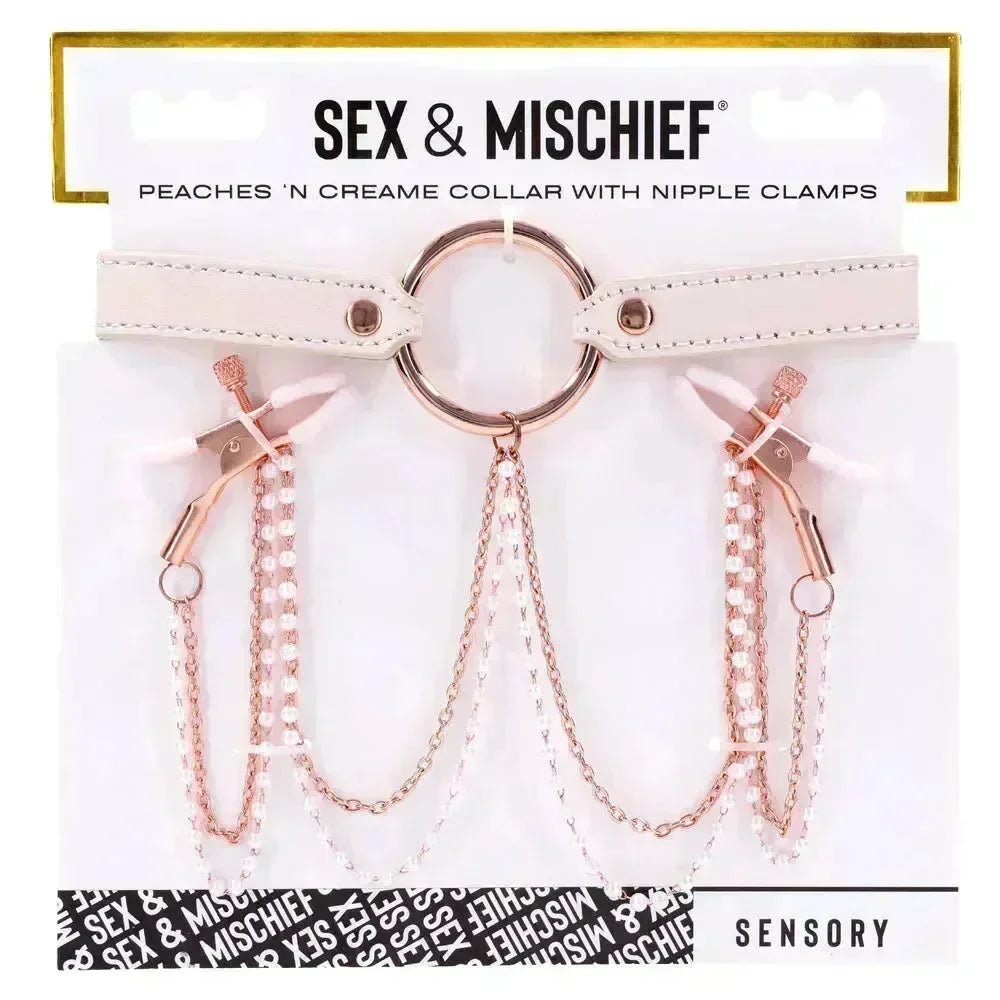 Sex & Mischief Peaches n CreaMe Collar with Nipple Clamps - Peach Nipple Restraints - Take A Peek