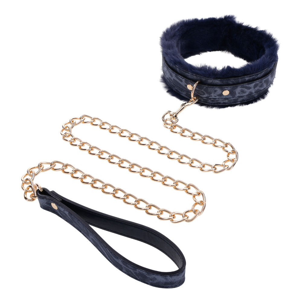 Sex & Mischief Cougar Fur Collar & Leash - Navy /Gold Furry Restraint - Take A Peek