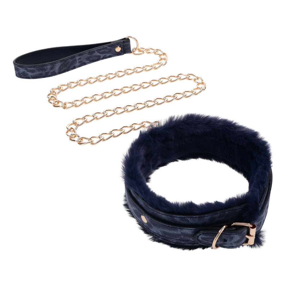 Sex & Mischief Cougar Fur Collar & Leash - Navy /Gold Furry Restraint - Take A Peek