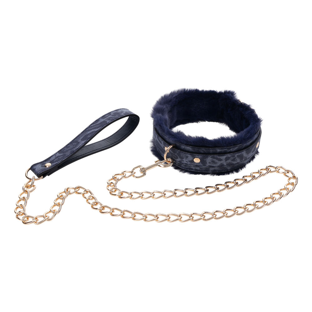 Sex & Mischief Cougar Fur Collar & Leash - Navy /Gold Furry Restraint - Take A Peek