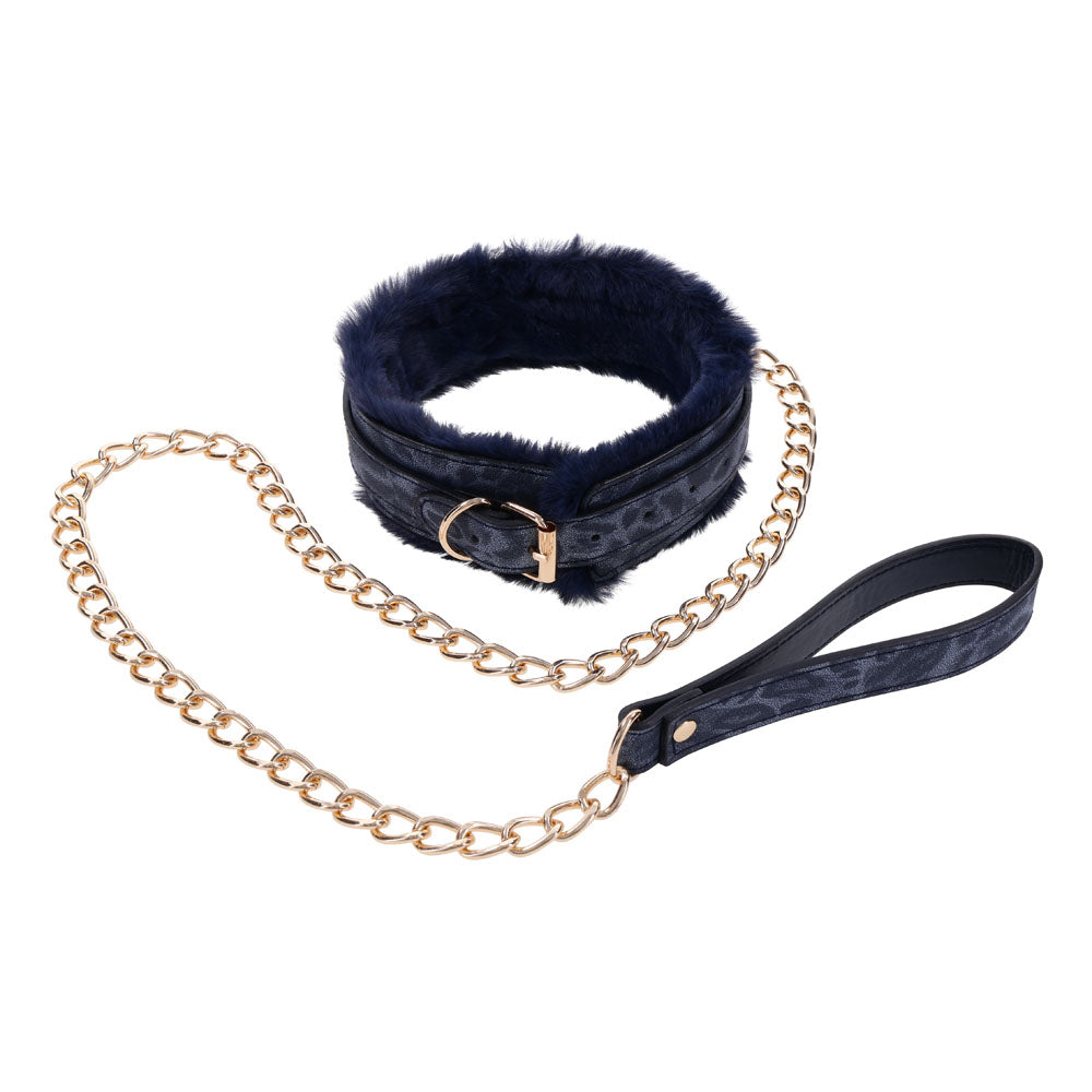 Sex & Mischief Cougar Fur Collar & Leash - Navy /Gold Furry Restraint - Take A Peek