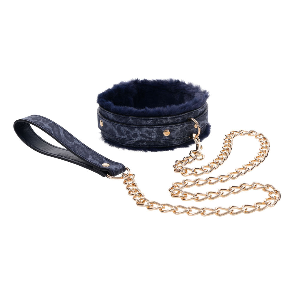 Sex & Mischief Cougar Fur Collar & Leash - Navy /Gold Furry Restraint - Take A Peek