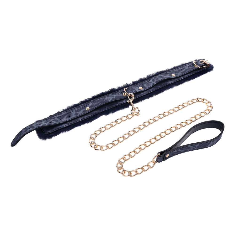 Sex & Mischief Cougar Fur Collar & Leash - Navy /Gold Furry Restraint - Take A Peek