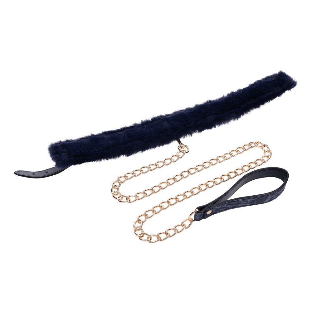 Sex & Mischief Cougar Fur Collar & Leash - Navy /Gold Furry Restraint - Take A Peek