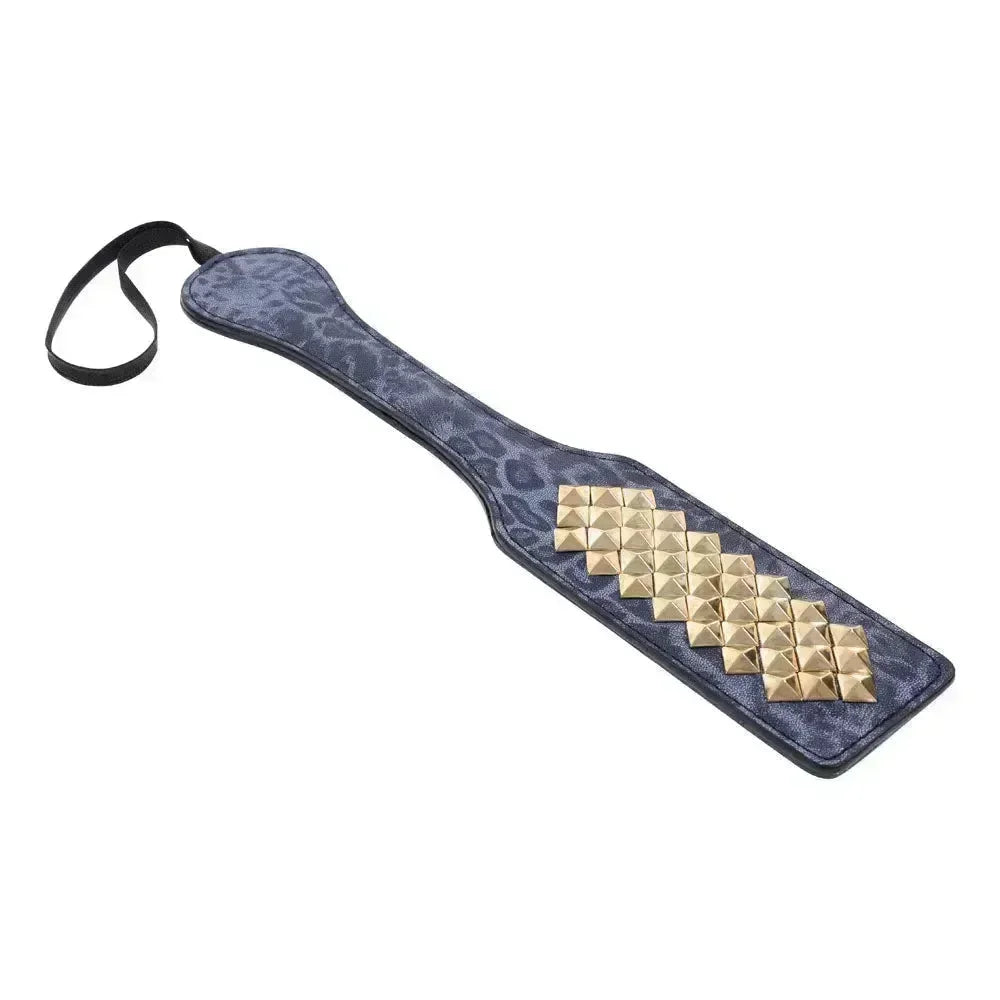 Sex & Mischief Cougar Studded Paddle - Navy Paddle with Gold Studs - Take A Peek