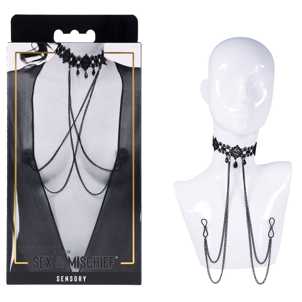 Sex & Mischief Lace Collar with Nipple Ties - Neck and Nipple Restraints - Take A Peek
