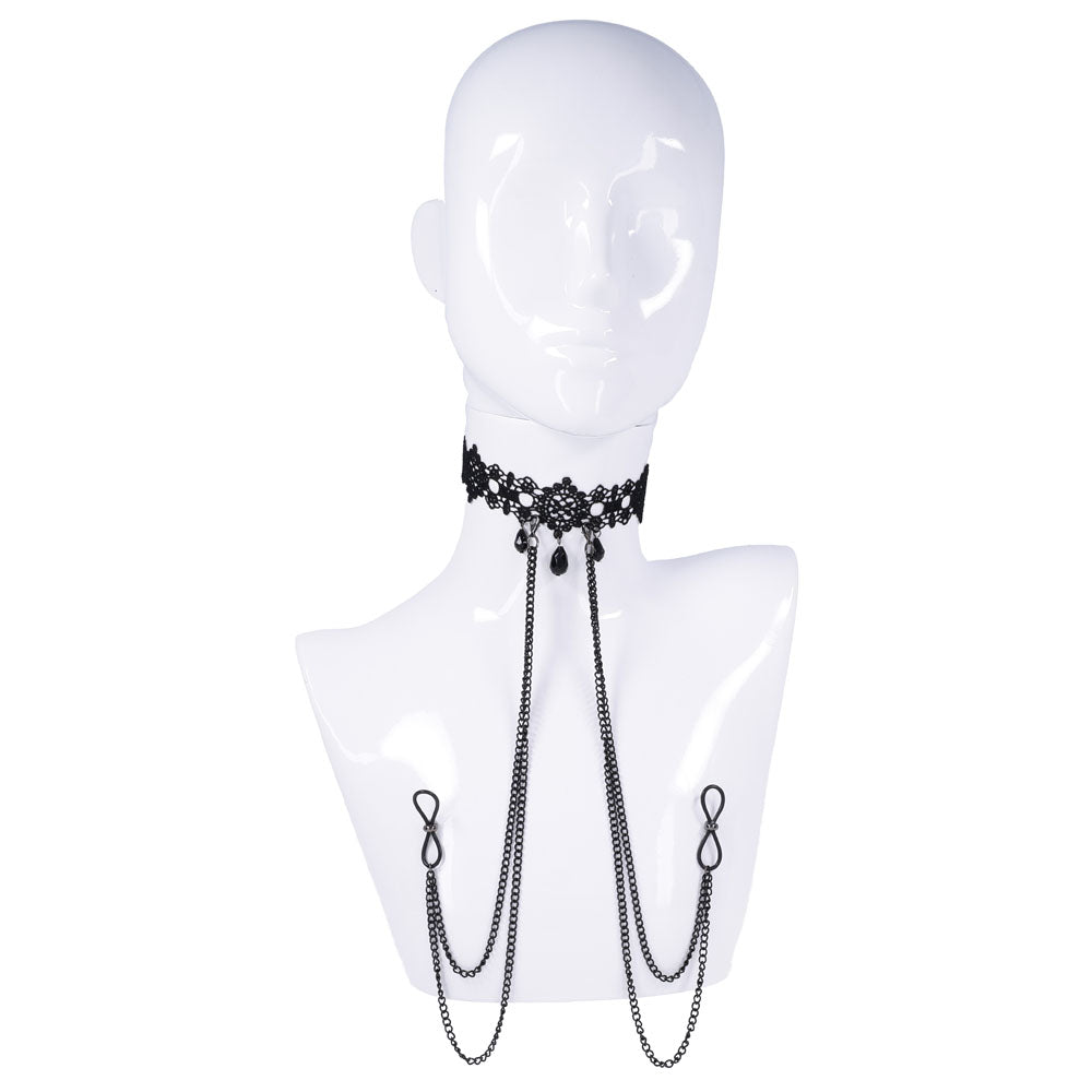 Sex & Mischief Lace Collar with Nipple Ties - Neck and Nipple Restraints - Take A Peek