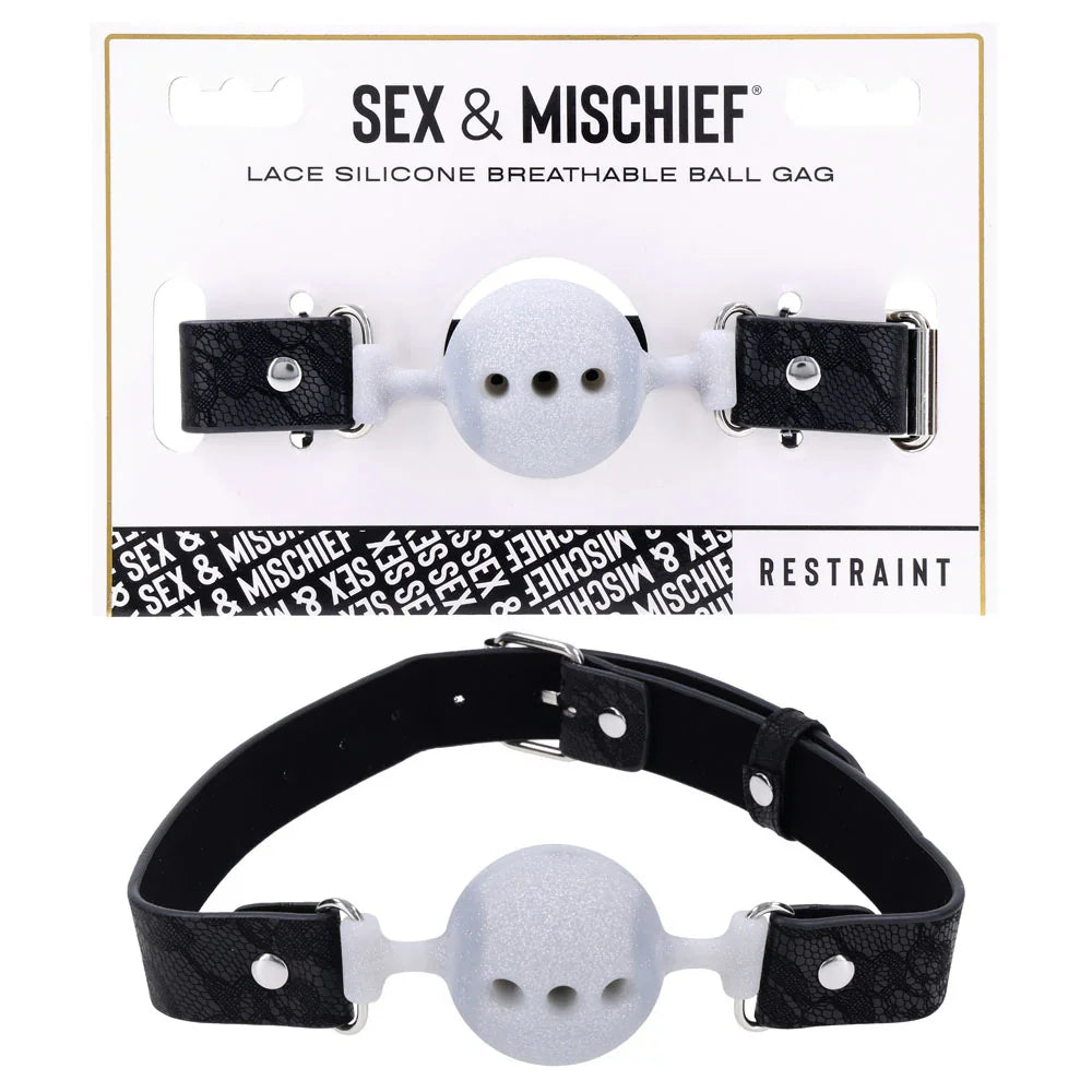 Sex & Mischief Lace Silicone Breathable Ball Gag - Black/Grey Mouth Restraint - Take A Peek