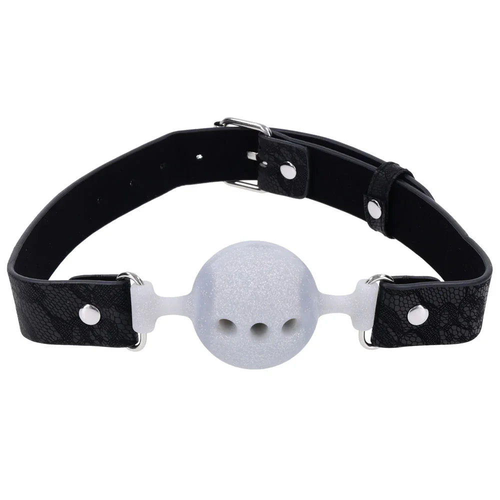 Sex & Mischief Lace Silicone Breathable Ball Gag - Black/Grey Mouth Restraint - Take A Peek