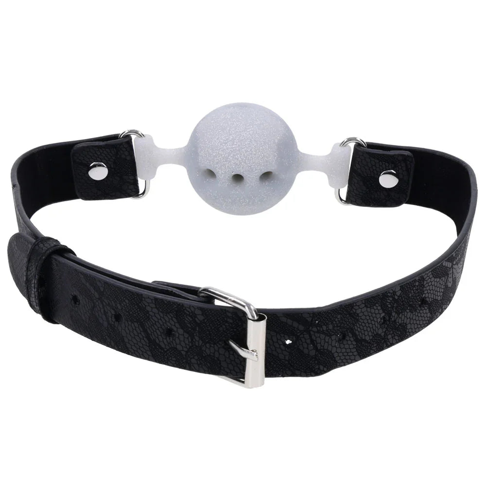 Sex & Mischief Lace Silicone Breathable Ball Gag - Black/Grey Mouth Restraint - Take A Peek