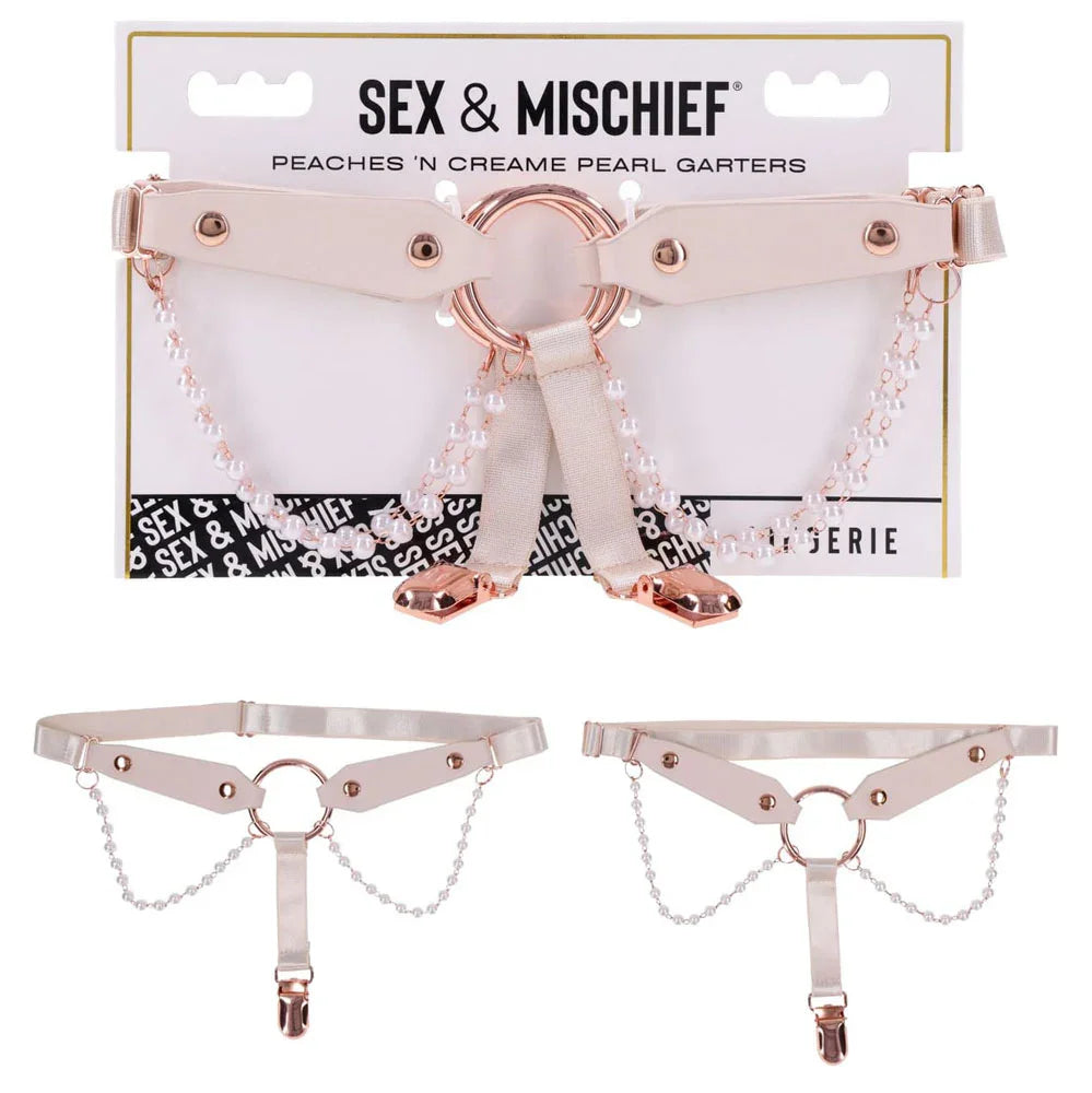 Sex & Mischief Peaches n CreaMe Pearl Garters - Peach / Rose Gold Garters with Pearls - Set of 2 - Take A Peek