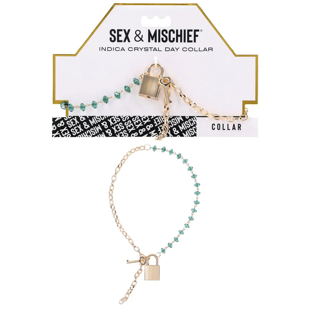 Sex & Mischief Indica Crystal Day Collar - Gold/Emerald Lockable Collar - Take A Peek