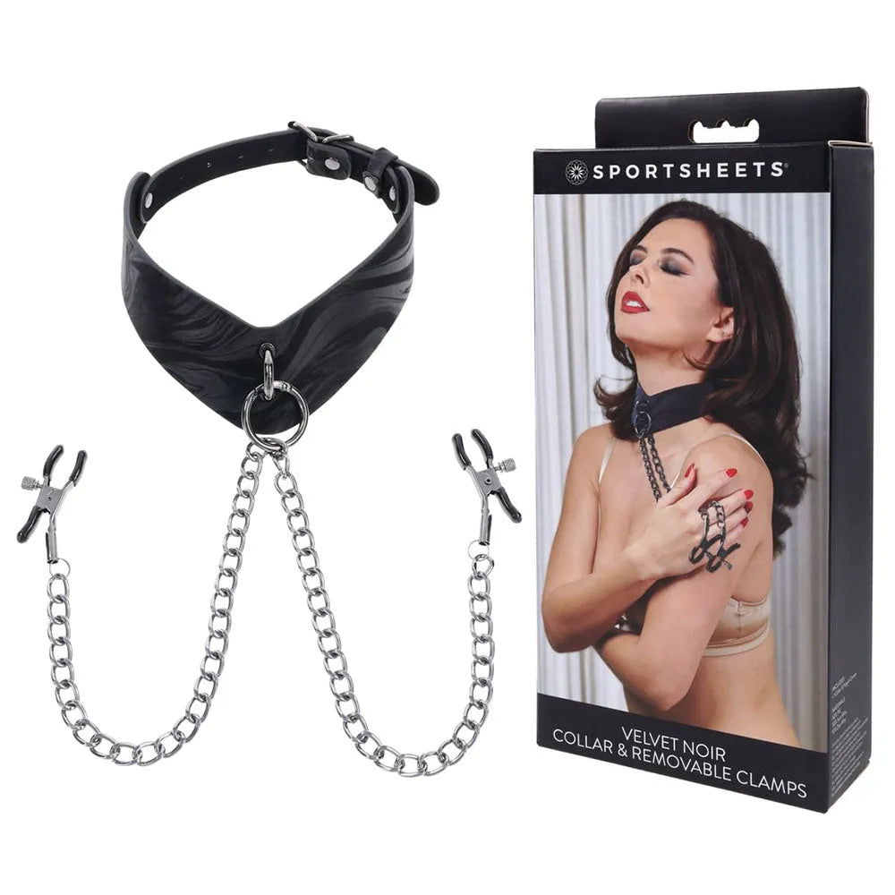 SPORTSHEETS Velvet Noir Collar & Removable Clamps - Neck & Nipple Restraints - Take A Peek