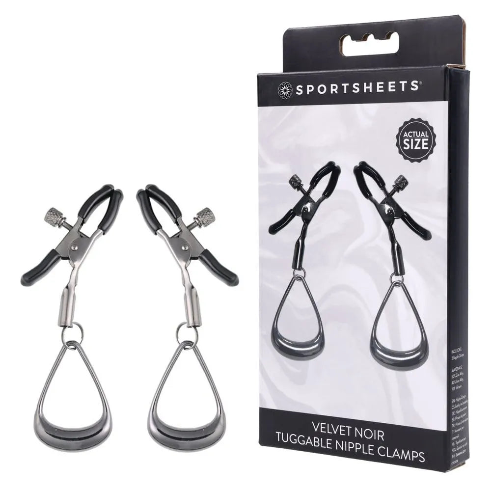 SPORTSHEETS Velvet Noir Tuggable Nipple Clamps - Gunmetal Adjustable Nipple Restraints - Take A Peek