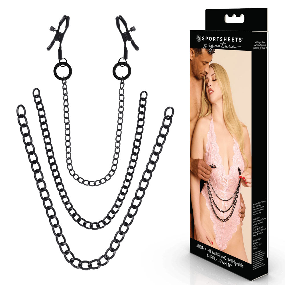 SPORTSHEETS Signature Midnight Muse exCHAINgeable Nipple Jewelry - Nipple Clamps with Chain - Take A Peek