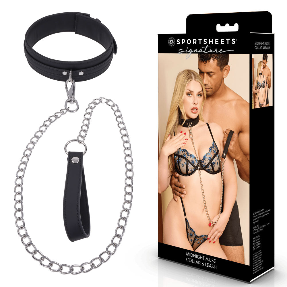 SPORTSHEETS Signature Midnight Muse Collar & Leash - Adjustable Restraint - Take A Peek
