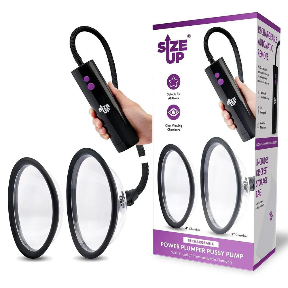 Size Up Rechargeable Power Plumper Pussy Pump - USB Rechargeable Vagina Pump with Interchangeable Chambers - Take A Peek