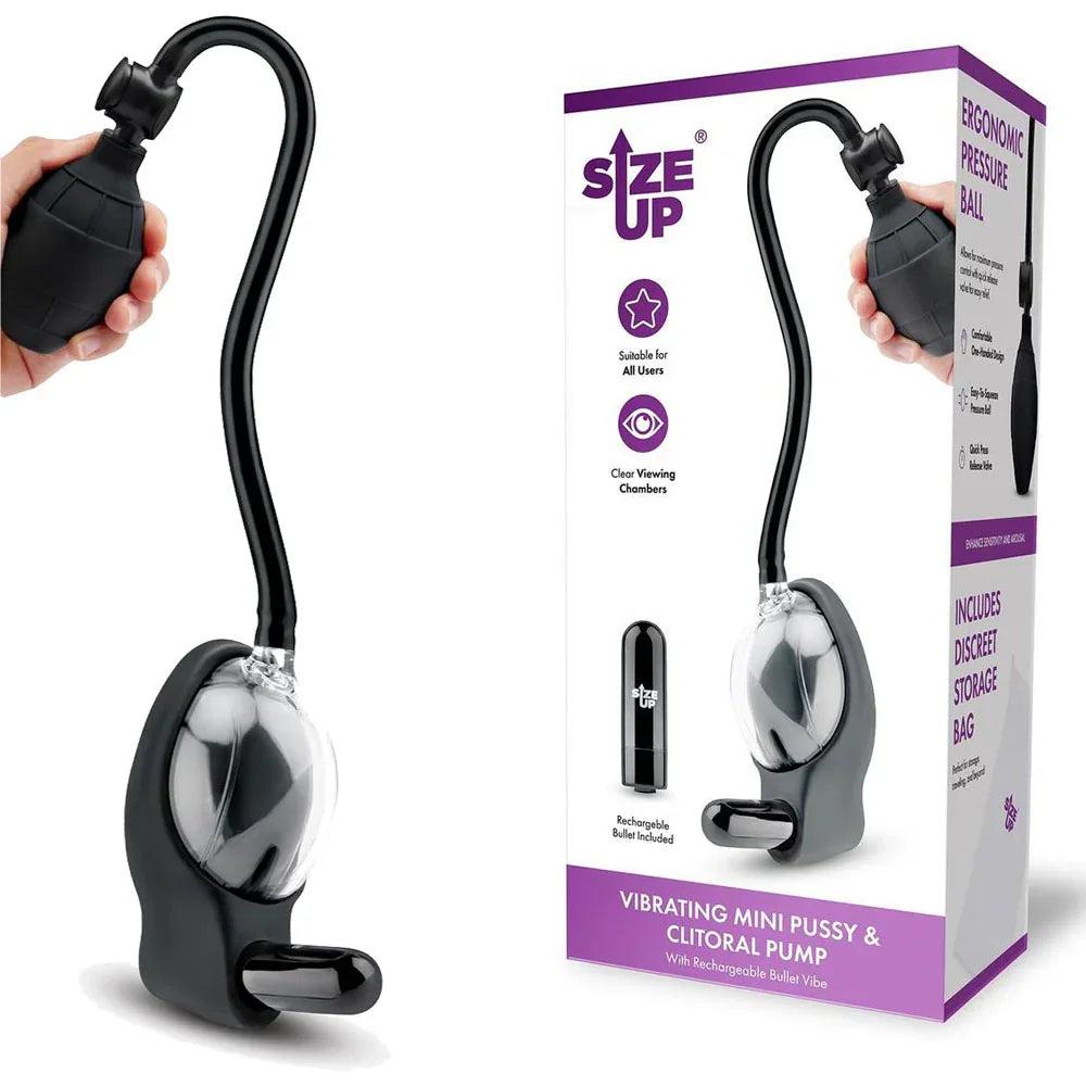 Size Up Vibrating Mini Pussy & Clitoral Pump - USB Rechargeable Vibrating Vaginal and Clitoral Pump - Take A Peek