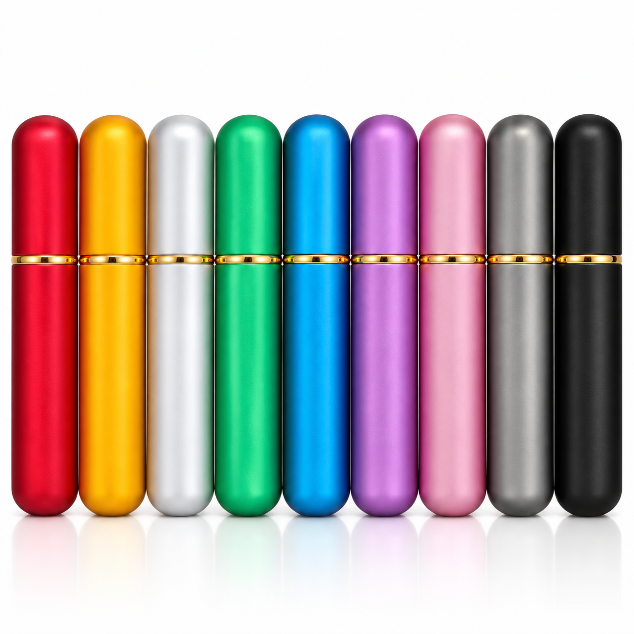 9 metallic capsule-shaped cosmetic tubes in assorted colors including red, yellow, silver, green, blue, purple, pink, gray, and black, arranged in a row on a white background.