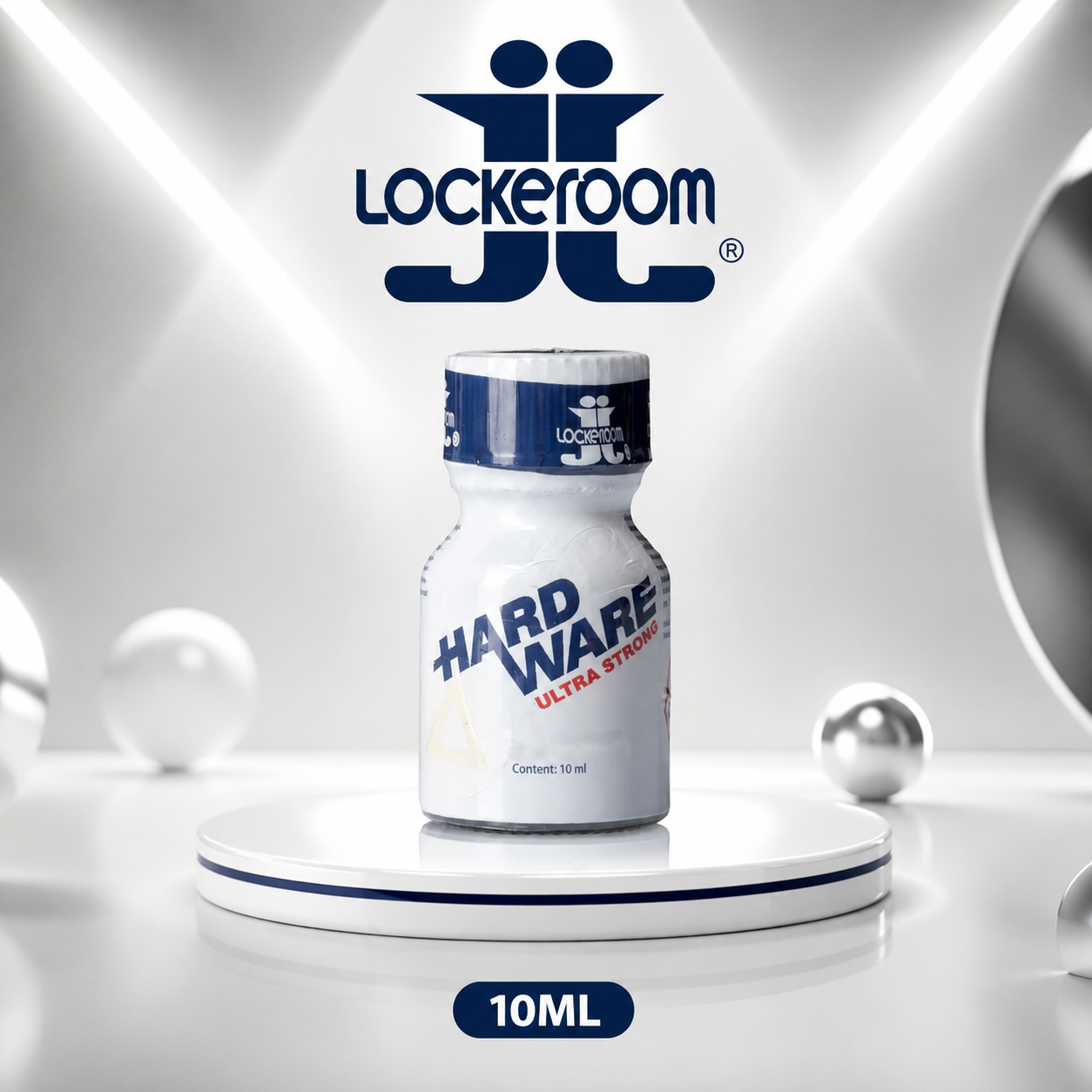 A 10ml bottle of Lockeroom Hard Ware Ultra Strong poppers displayed on a white circular pedestal. The product packaging is white with blue and red text, and the brand logo 'Lockeroom' is prominently displayed above the bottle against a stylized white background with geometric light beams and reflective spheres.