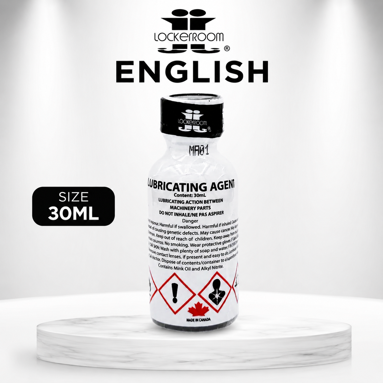 A 30ml bottle of Lockerroom English Lubricating Agent displayed on a white marble pedestal against a white background. The bottle is white with a black cap and features the Lockerroom brand logo and 'ENGLISH' text above it, along with a 'SIZE 30ML' badge.