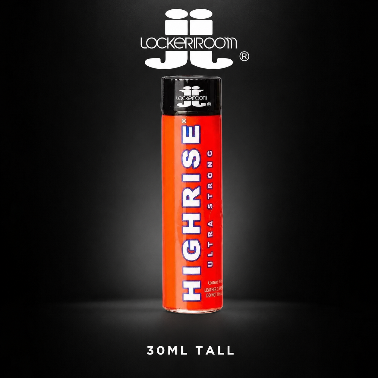 A 30ml bottle of Lockerrroom Highrise Ultra Strong spray, featuring a bright red body with white lettering and a black cap, set against a dark black background with a spotlight effect.