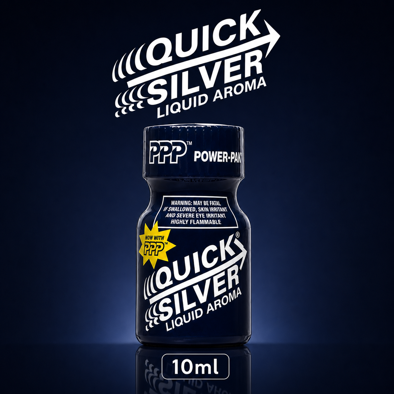 A 10ml bottle of Quick Silver Liquid Aroma PEP spray on a dark blue reflective background, with a large Quick Silver logo graphic above the bottle.