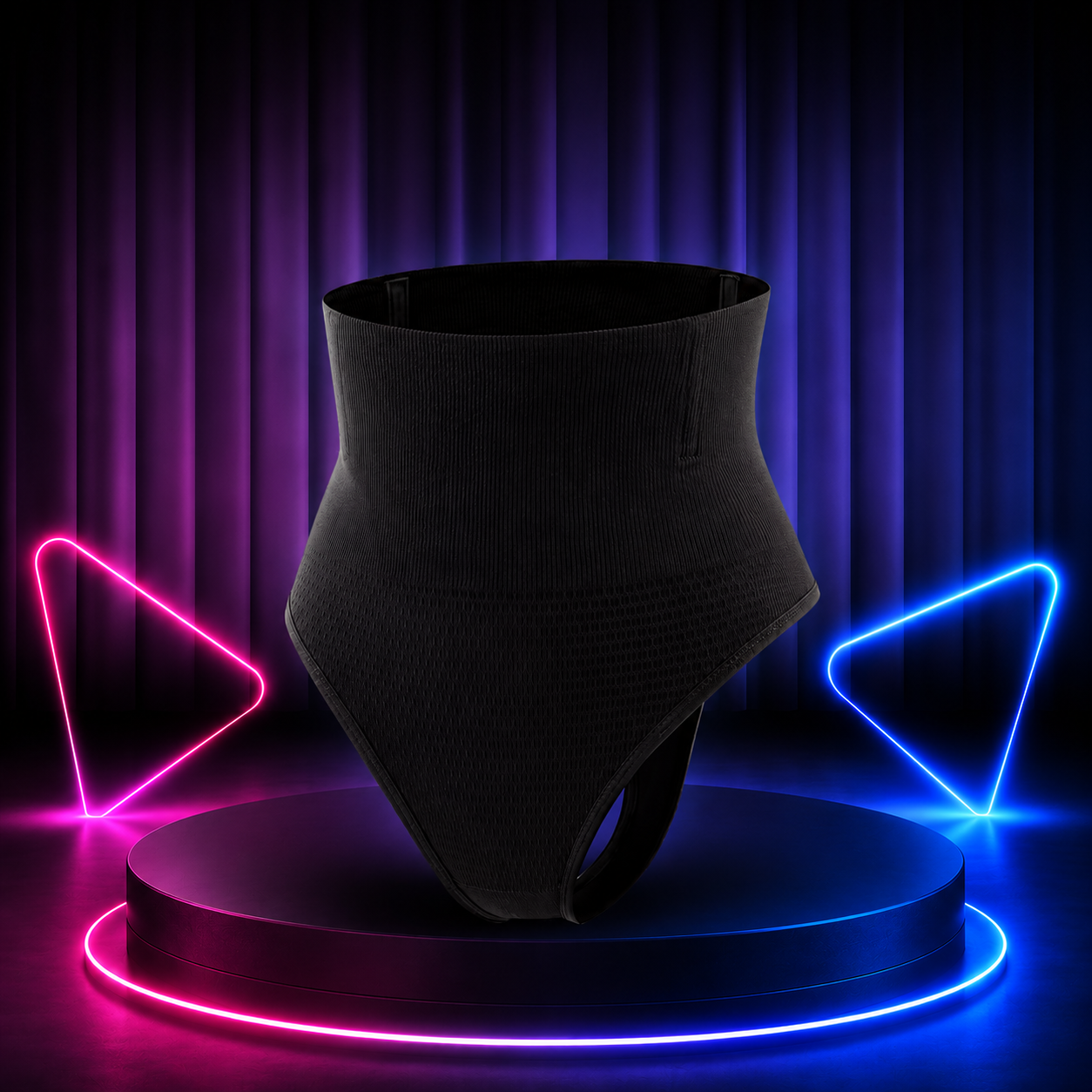 Black high-waisted compression waist trainer belt displayed on a rotating circular pedestal with neon pink and blue light accents against a dark purple curtain background.