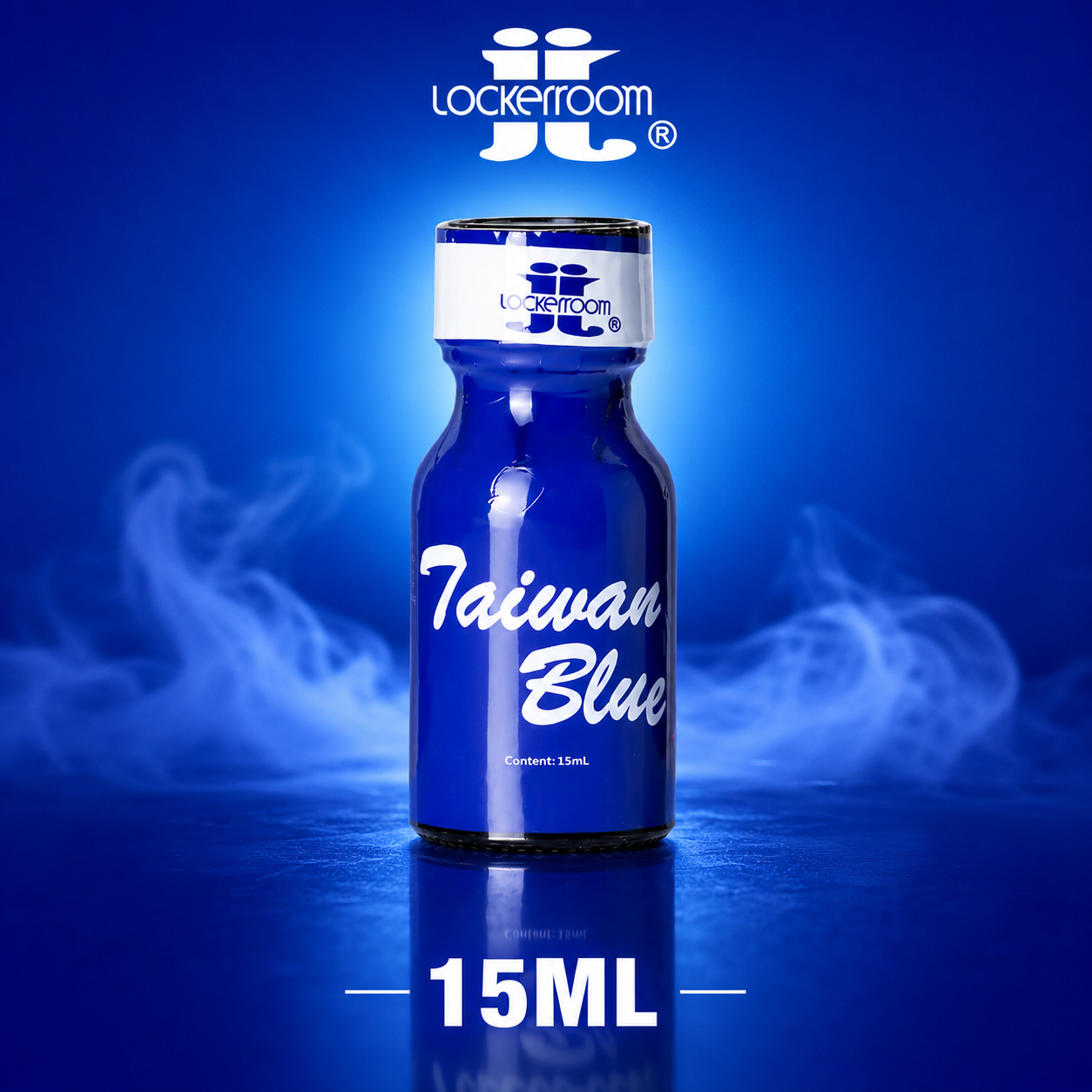 A 15ml bottle of Lockerroom Taiwan Blue vape liquid, featuring a glossy blue bottle and white label, set against a dark blue background with stylized smoke effects and brand logo.