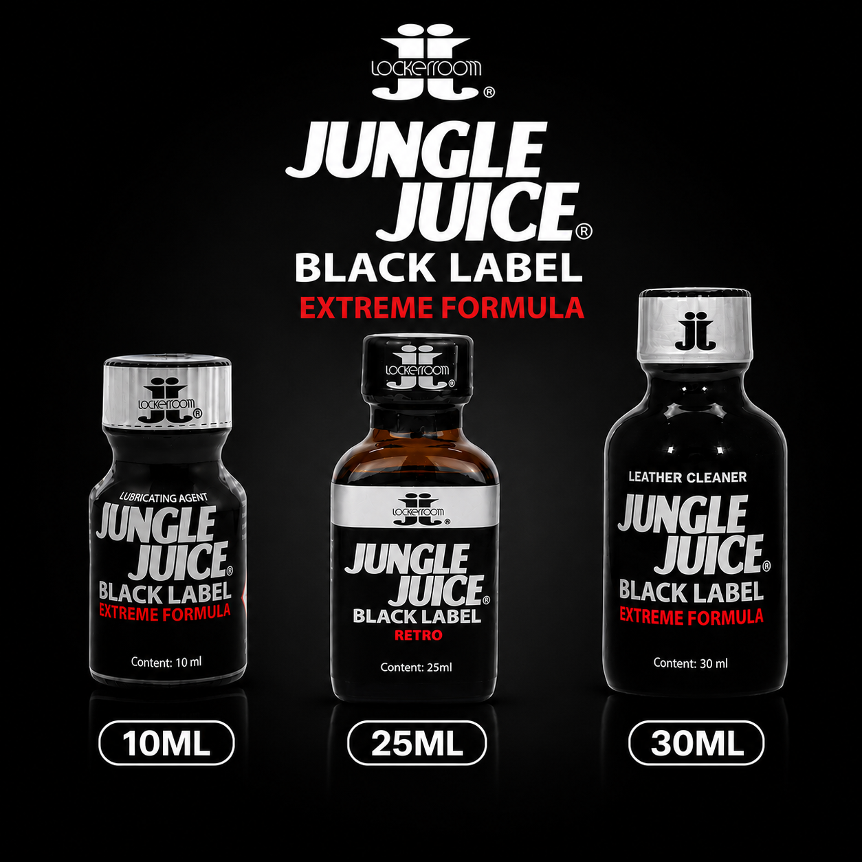 Three bottles of Jungle Juice Black Label Extreme Formula by Locksroom are shown on a black background, labeled 10ml, 25ml, and 30ml. The center bottle is amber glass with a black cap and white/black label, while the side bottles are black with silver caps and black labels.