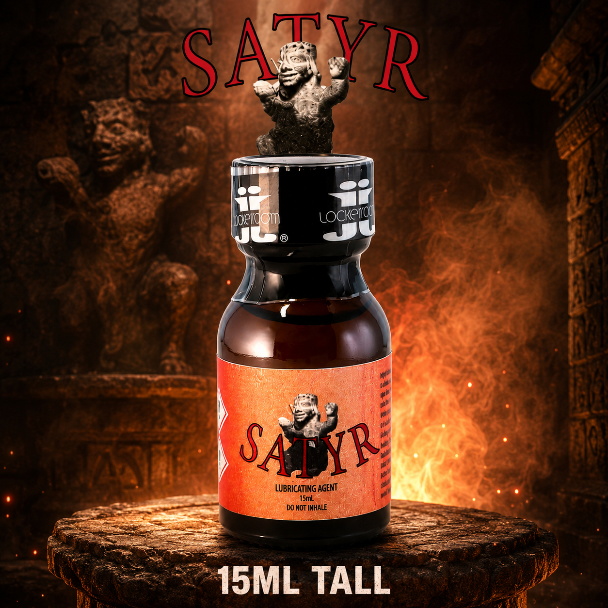 A 15ml bottle of Satyr Lubricating Agent, featuring a black cap with a small stone gargoyle figurine on top and an orange label with a matching gargoyle graphic. The bottle is displayed on a rustic wooden pedestal against a dark, atmospheric background with stone carvings and glowing embers, with 'SATYR' written in red text at the top.