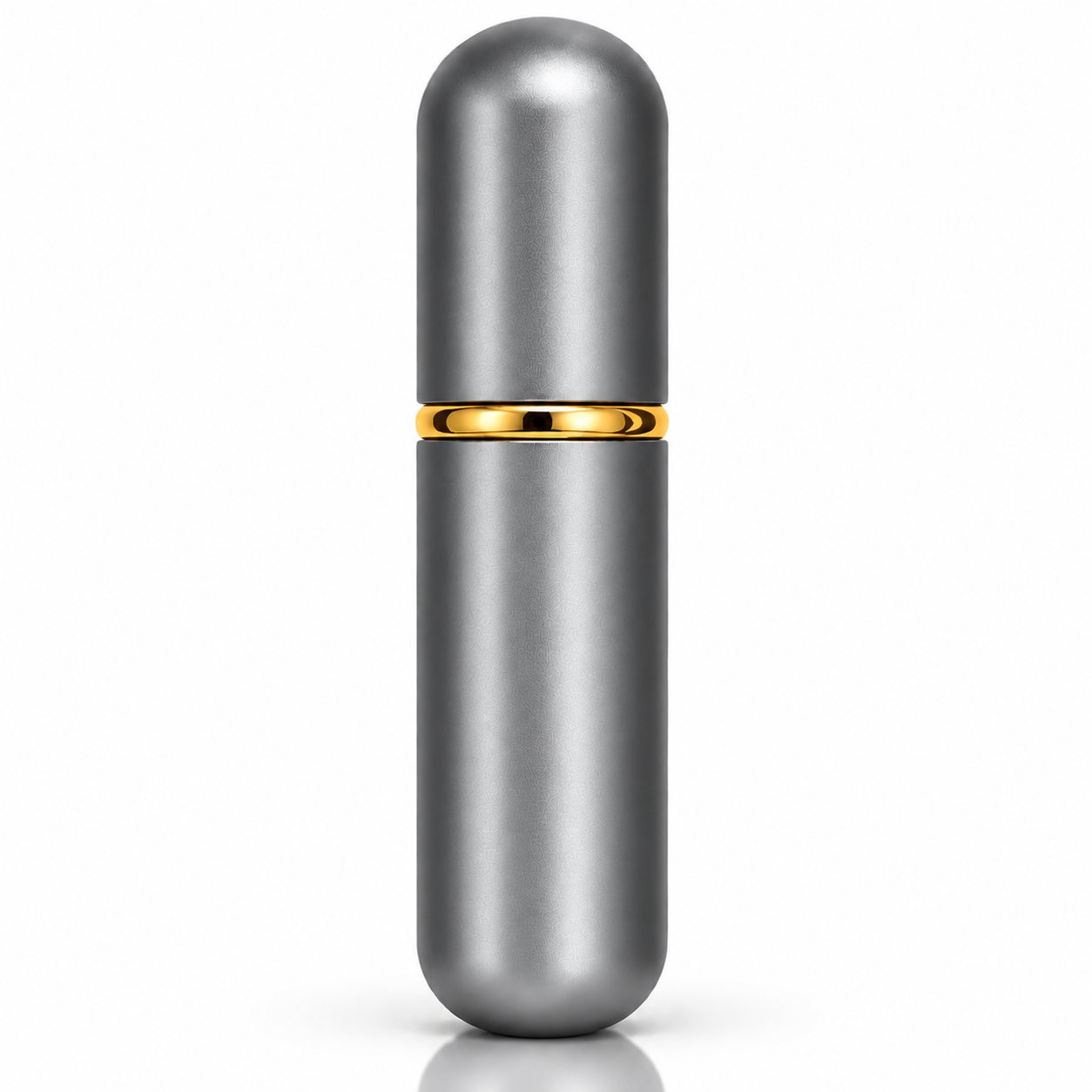 A sleek, metallic silver cylindrical container with a rounded cap and a polished gold accent band in the middle, set against a plain white background.