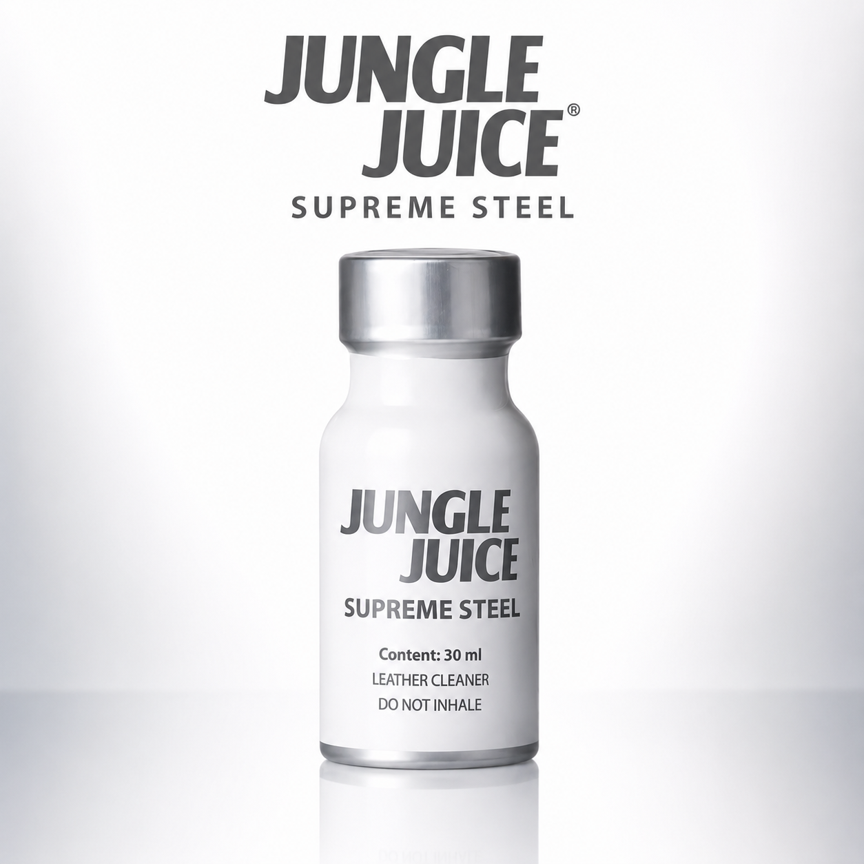 A 30 ml bottle of Jungle Juice Supreme Steel leather cleaner, featuring a white bottle body, silver metallic cap, and black text, set against a light gray gradient background with a reflection below.