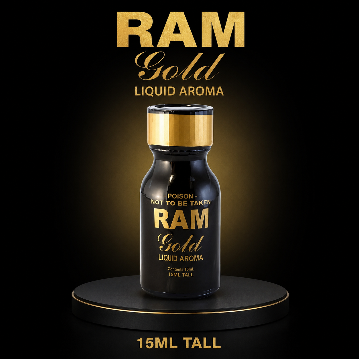 A 15ml bottle of RAM Gold Liquid Aroma centered on a black background with gold text and a gold-rimmed display platform. The bottle is glossy black with gold lettering and a gold cap.
