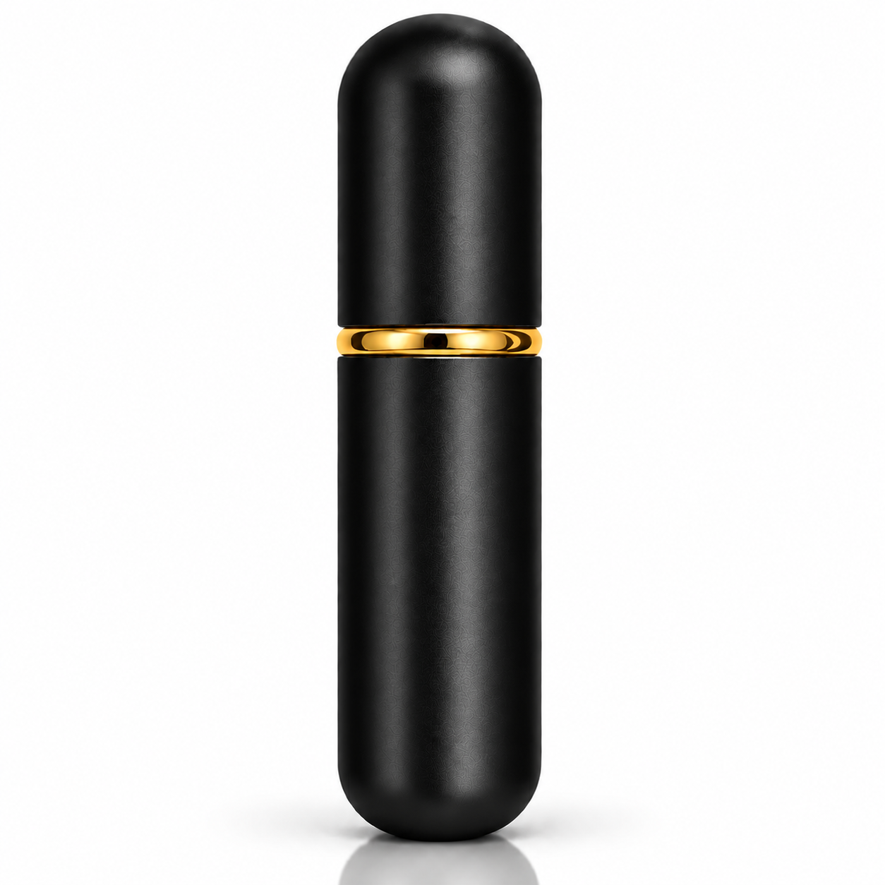 A sleek, black cylindrical cosmetic container with a glossy gold accent band around the middle, set against a plain white background.