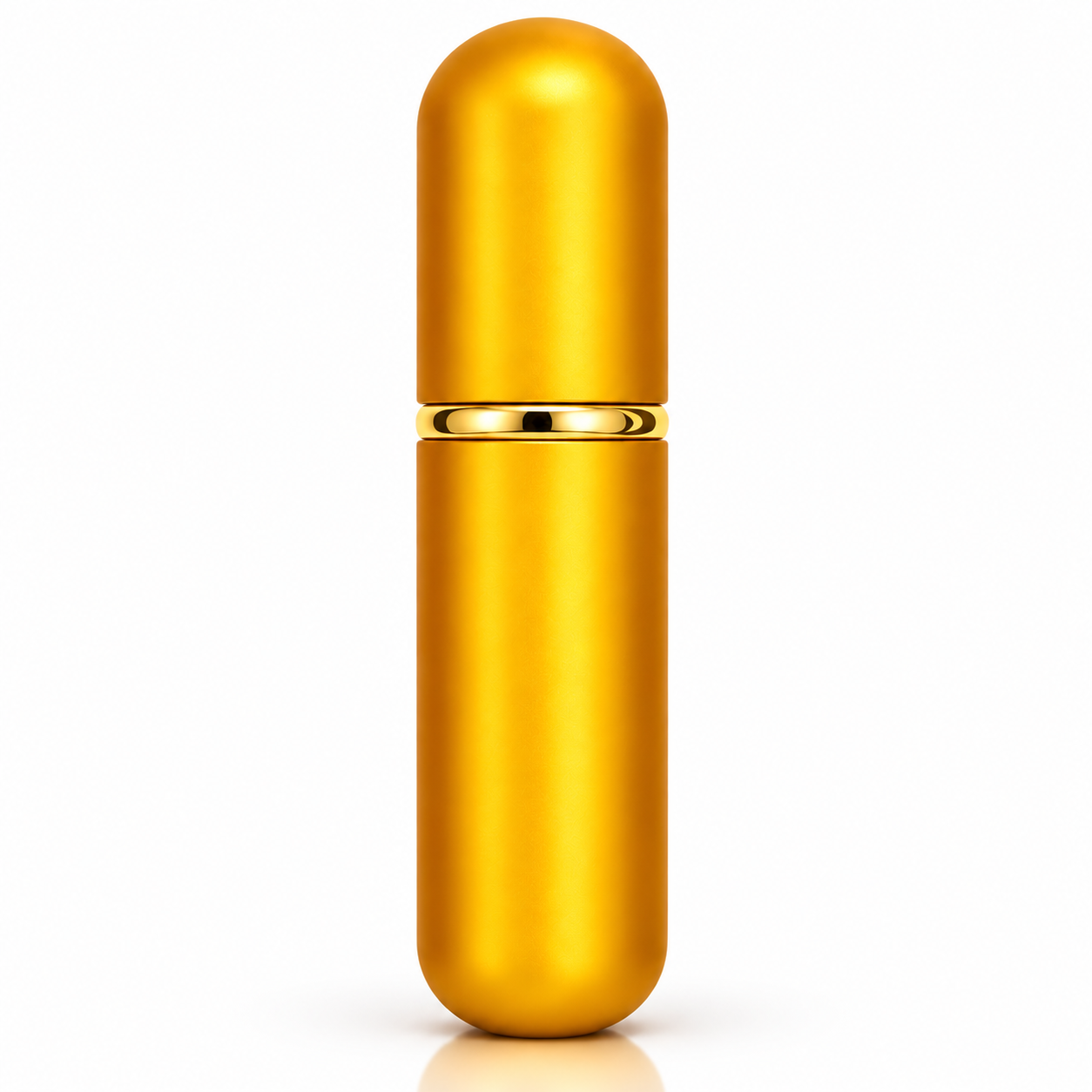 A metallic gold capsule-shaped cosmetic container with a matching gold cap and a thin gold band around the middle, shown on a clean white background.