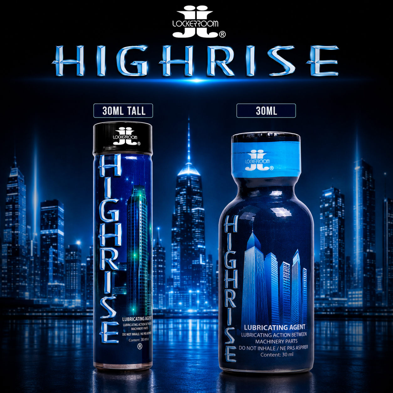 Two Lockerz Highrise products shown against a blue neon city skyline background: a tall cylindrical tube labeled 30ML TALL and a smaller bottle labeled 30ML, both in dark blue packaging with bright blue and white text and branding.